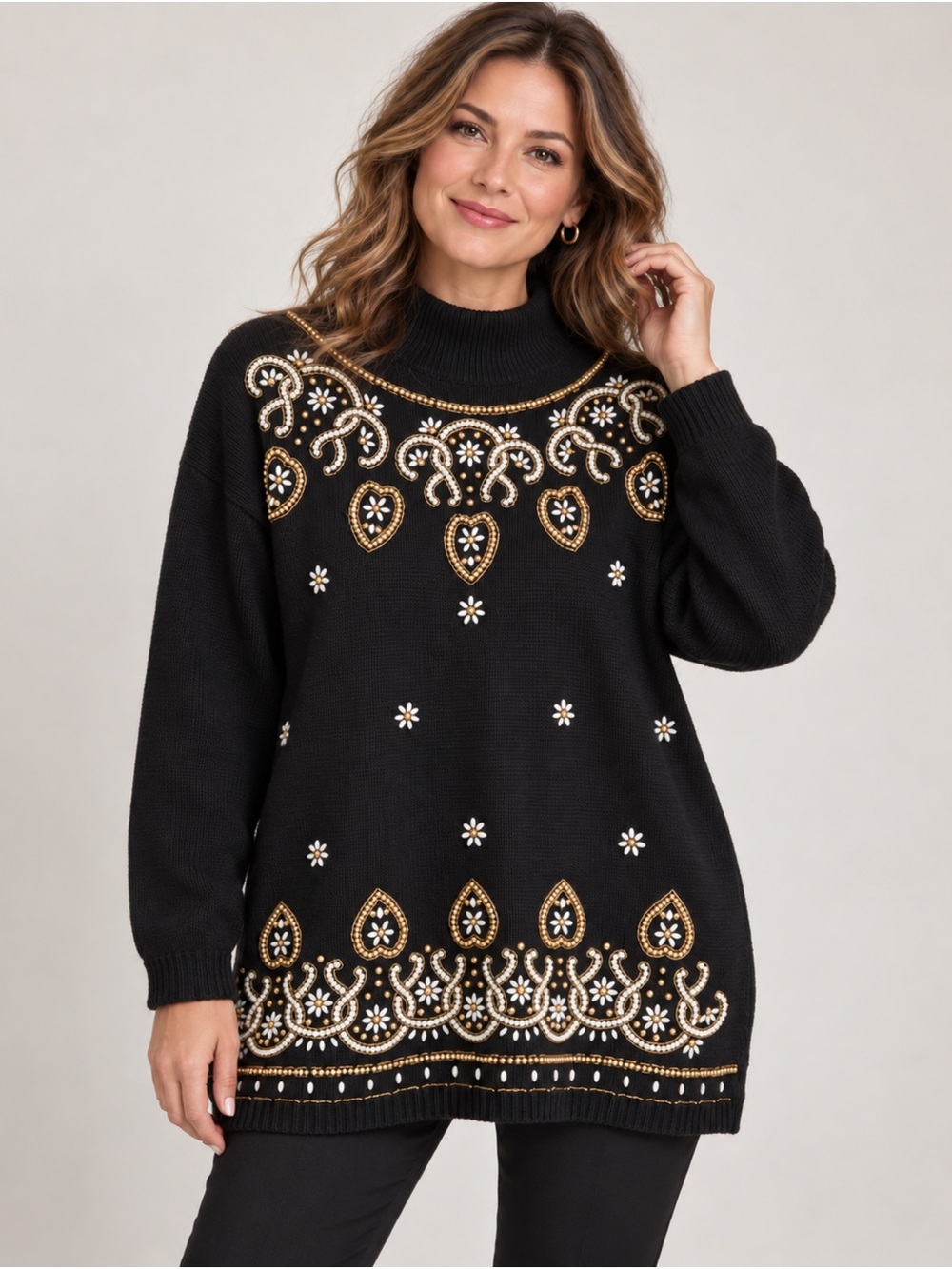 Vintage Victoria Jones Beaded Embellished Turtleneck Sweater | Size Small